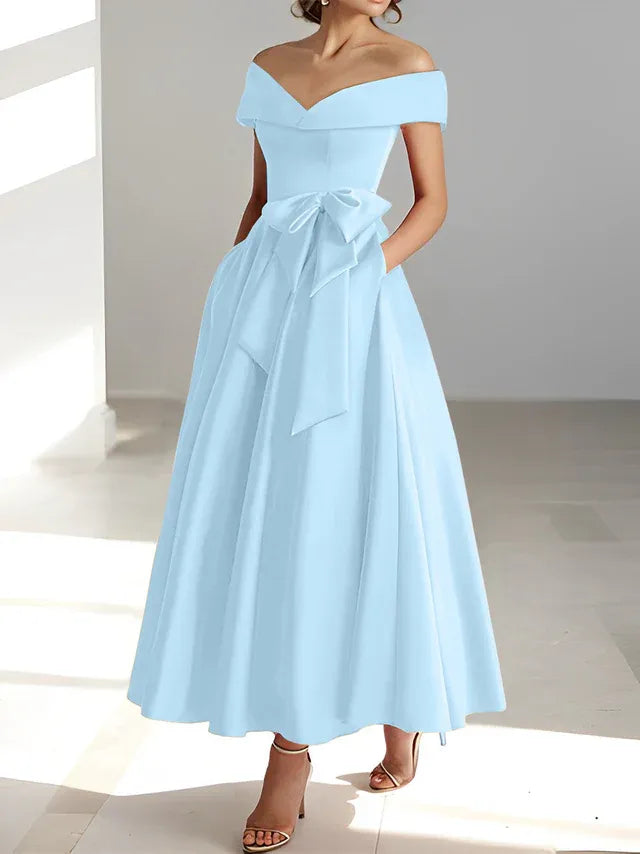 Princess Off-the-Shoulder Sleeveless Ankle-Length Mother of the Bride Dresses with Pockets