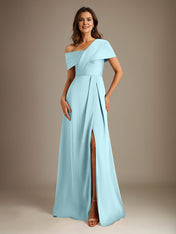 A-Line Asymmetrical Neckline Floor-Length Satin Mother of the Bride Dress With Pleated