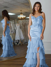 Yellow Mermaid Ruffle Chiffon Long Prom Dress with Flower