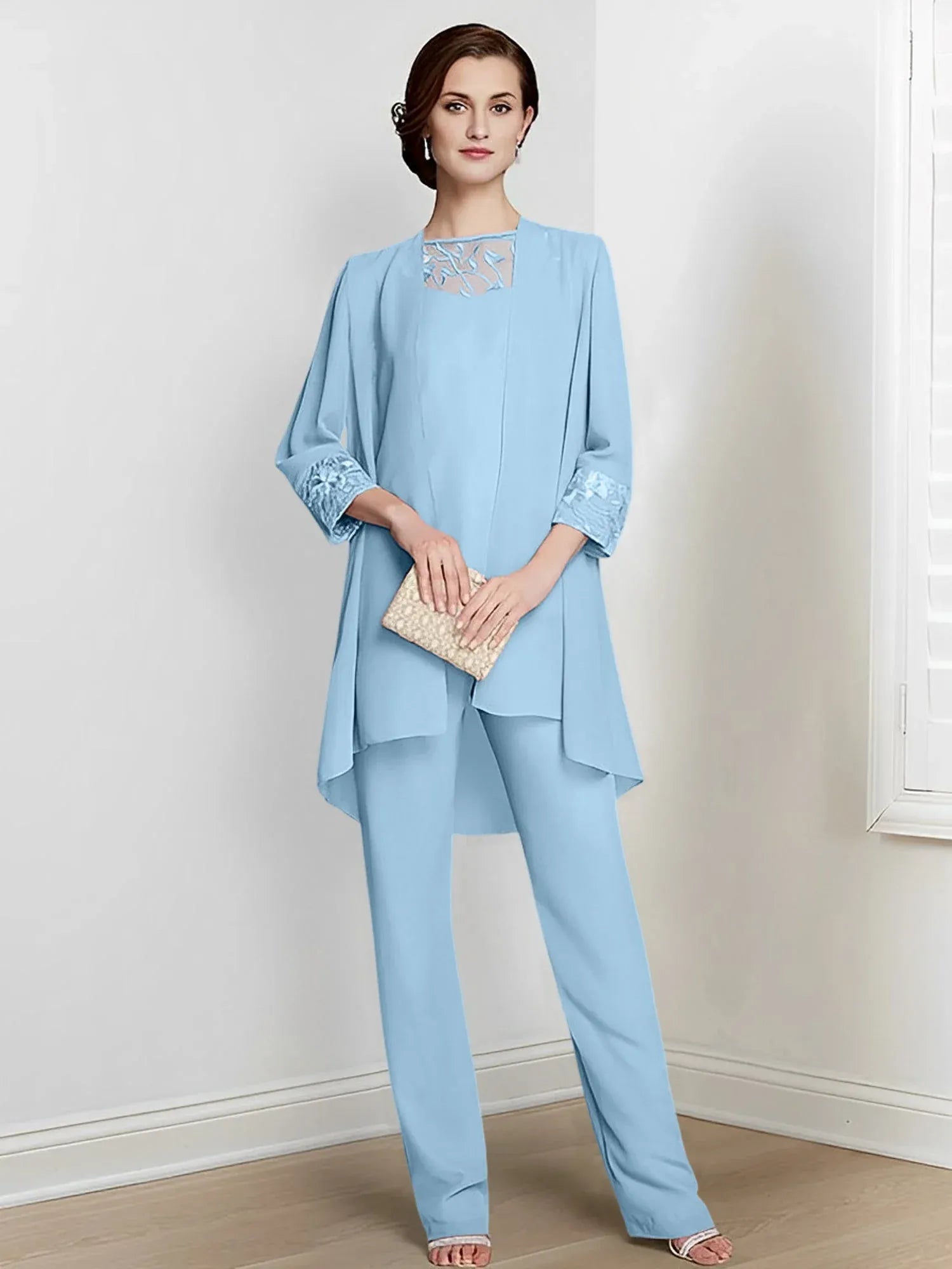 Tailleur-pantalon en mousseline à manches longues pour mère de la mariée avec veste 