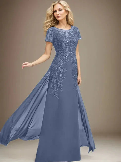 Column Scoop Illusion Floor-Length Lace Chiffon Mother of the Bride Dress With Sequins