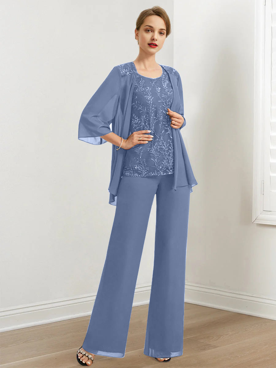 Chiffon Mother of the Bride Pantsuits with Sequins & Jacket