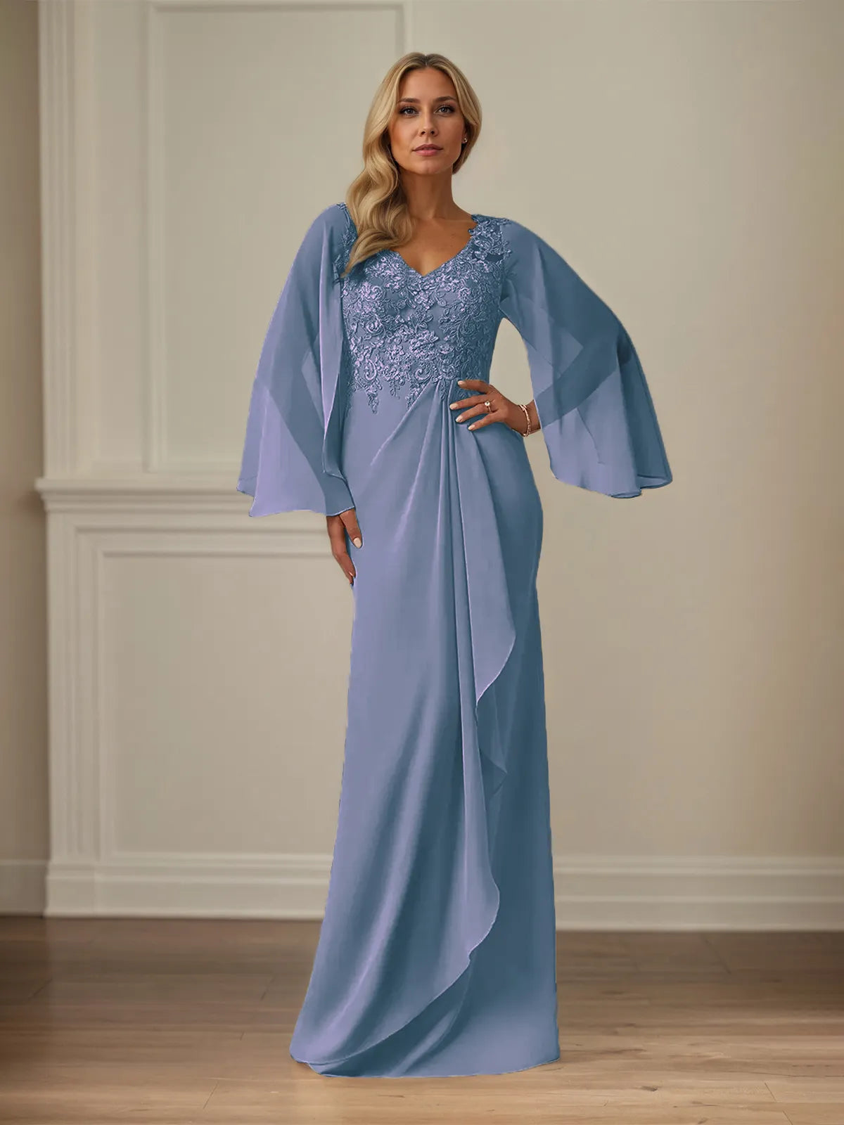 Column Chiffon V Neck Long Sleeves Floor Length Mother of the Bride Dresses With Appliques