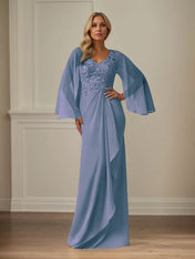 Sheath/Column Chiffon V Neck Long Sleeves Floor Length Mother of the Bride Dresses With Appliques