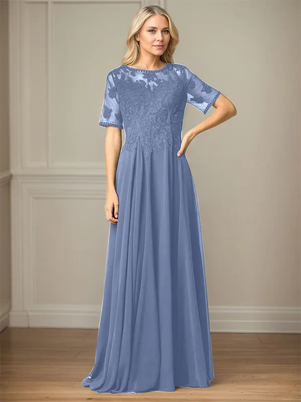 A Line Chiffon Scoop Neck Short Sleeves Floor Length Mother of the Bride Dresses
