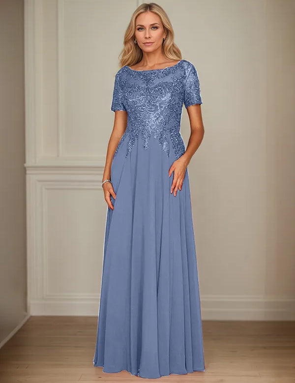 A Line Chiffon Boat Neck Short Sleeves Floor Length Mother of the Bride Dresses