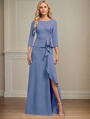 Sheath/Column Scoop Floor-Length Stretch Crepe Dress With Cascading Ruffles Appliques