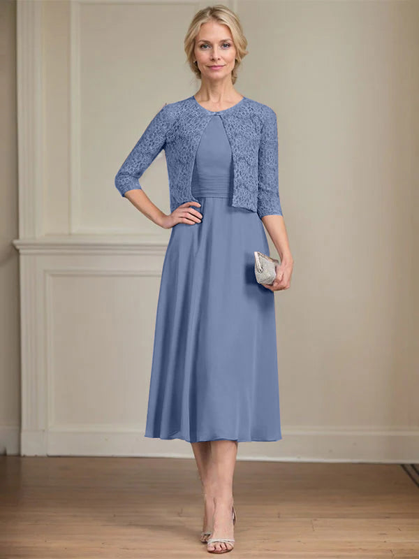 A-line Scoop Tea-Length Chiffon Mother of the Bride Dress With Pleated