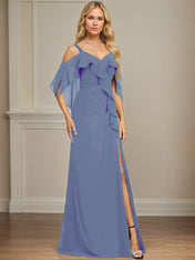 Sheath/Column Cold Shoulder V-Neck Floor-Length Chiffon Dress With Cascading Ruffles Sequins Beading