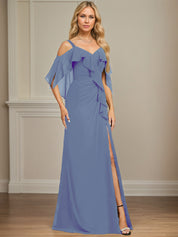 Sheath/Column Cold Shoulder V-Neck Floor-Length Chiffon Dress With Cascading Ruffles Sequins Beading