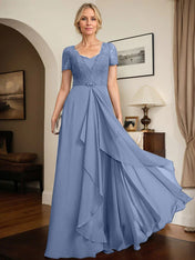 A-line Sweetheart Floor-Length Chiffon Lace Mother of the Bride Dress With Beading Cascading Ruffles