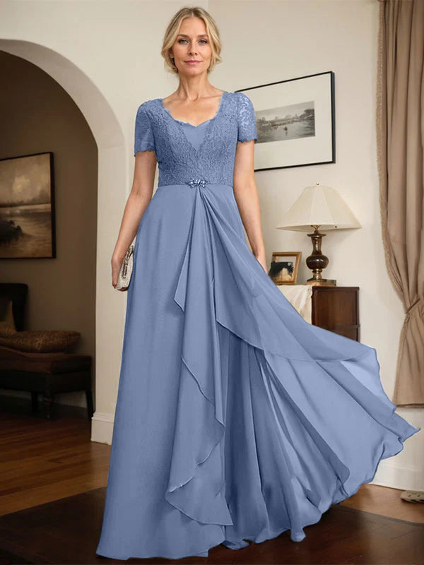 A-line Sweetheart Floor-Length Chiffon Lace Mother of the Bride Dress With Beading Cascading Ruffles