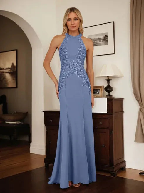 Dusty Blue Sheath Halter Long Mother of Bride Dress With Appliques