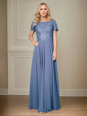 A Line Chiffon Boat Neck Short Sleeves Floor Length Pleated Mother of the Bride Dresses