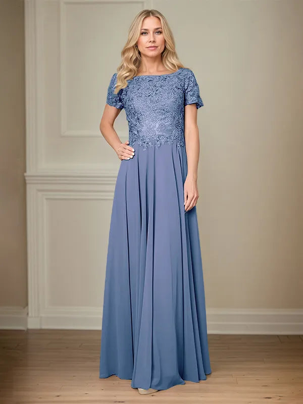A Line Chiffon Boat Neck Short Sleeves Floor Length Pleated Mother of the Bride Dresses