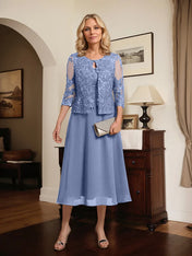 A-line Scoop Tea-Length Lace Chiffon Mother of the Bride Dress With Sequins