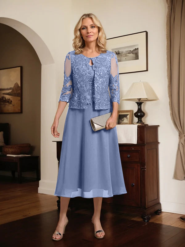 A-line Scoop Tea-Length Lace Chiffon Mother of the Bride Dress With Sequins