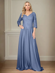 A Line Chiffon V Neck 3/4 Sleeves Floor-Length Mother Of The Bride Dress With Appliques