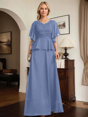 A-line V-Neck Floor-Length Chiffon Mother of the Bride Dress With Pleated Beading