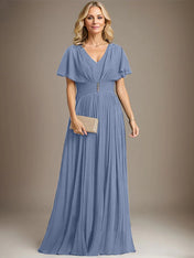 A-line V-Neck Floor-Length Chiffon Mother of the Bride Dress With Crystal Brooch Pleated