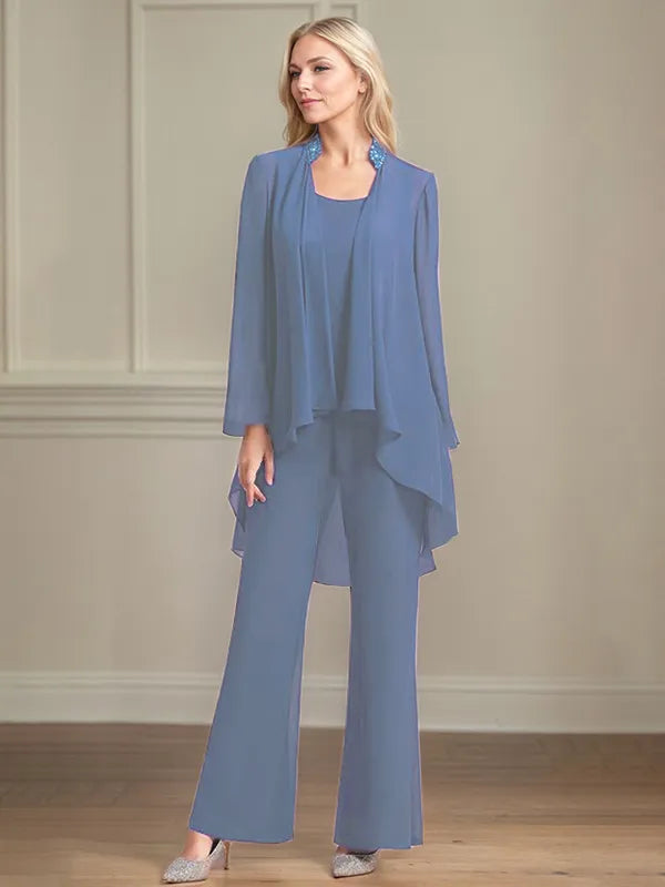 Chiffon Scoop Neck Long Sleeves Floor Length Mother Of The Bride Pantsuits