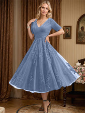 A-line V-Neck Tea-Length Tulle Lace Mother of the Bride Dress With Pleated