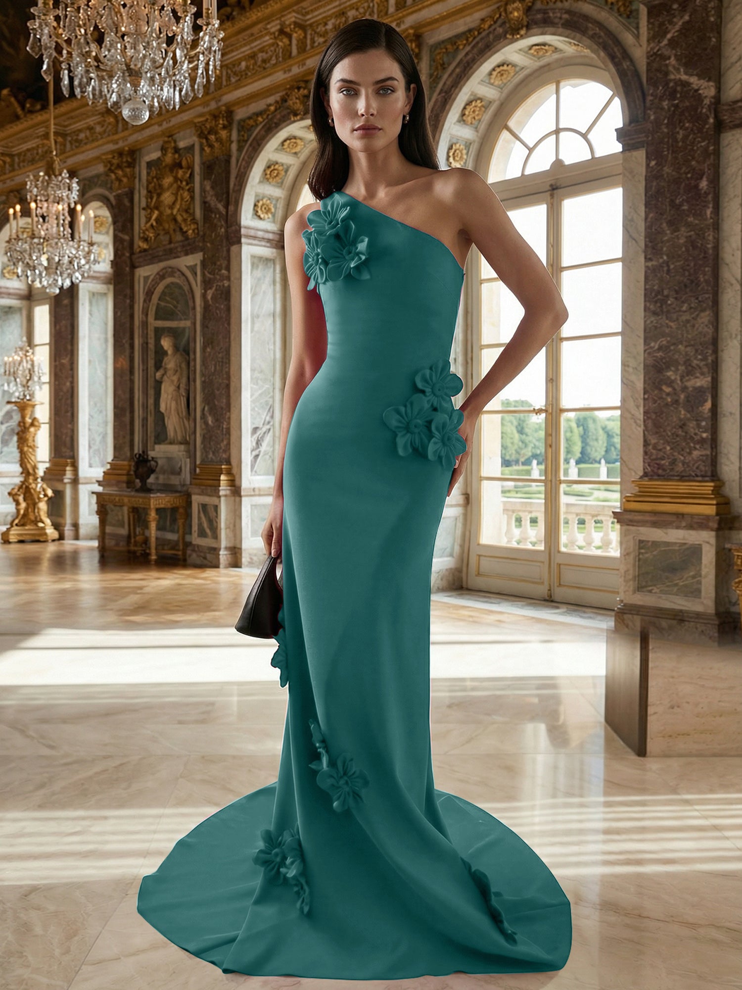 A Line One Shoulder Sleeveless Floor Length Stretch Crepe Dress With 3D Flowers