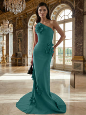 A Line One Shoulder Sleeveless Floor Length Stretch Crepe Dress With 3D Flowers