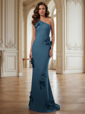 Cream One-Shoulder Prom Dress with Sculptural 3D Floral Appliqués