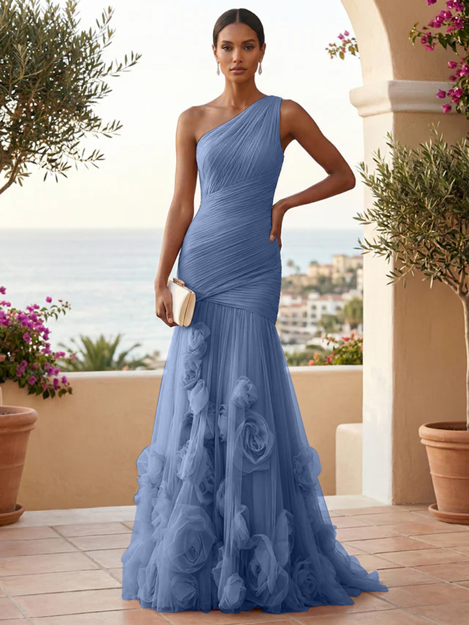 Dreamylily Sweetheart Tulle Pleat One Shoulder Mermaid Evening