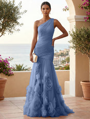 Sweetheart Tulle Pleat One Shoulder Mermaid Evening Dresses Gown with 3D Flower