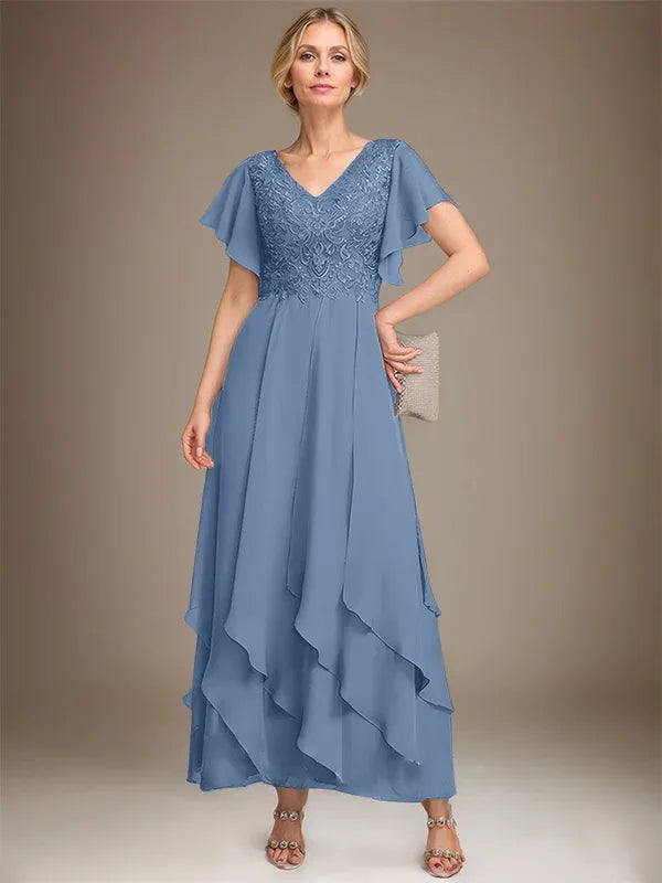 Robe de mère de la mariée trapèze, col en V, longueur cheville, en mousseline de soie et dentelle, avec volants en cascade 