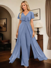 Jumpsuit/Pantsuit V-Neck Floor-Length Chiffon Evening Dress
