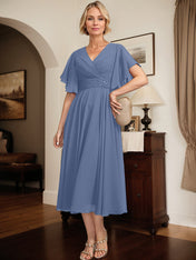 A-line V-Neck Tea-Length Chiffon Mother of the Bride Dress With Pleated Beading