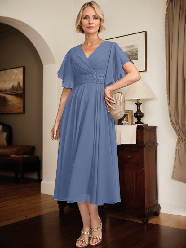 A-line V-Neck Tea-Length Chiffon Mother of the Bride Dress With Pleated Beading