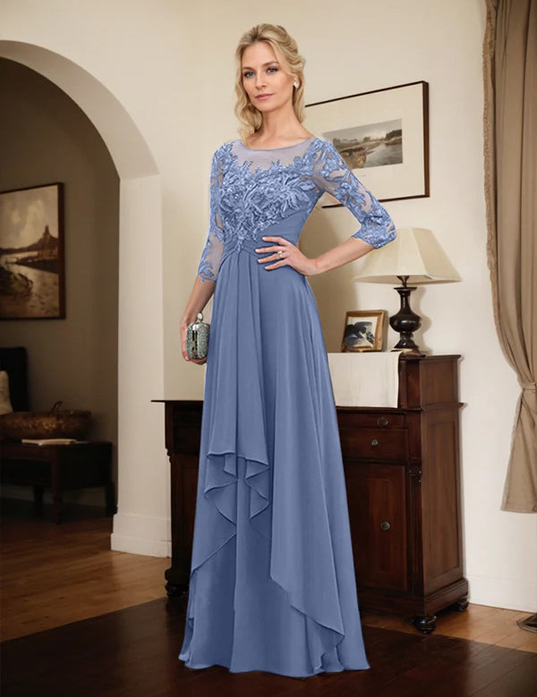 Robe de mère de la mariée trapèze en mousseline de soie et dentelle, longueur au sol, avec volants en cascade 