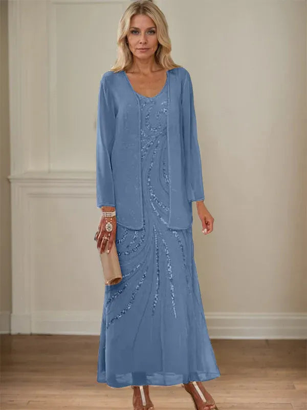Robe de mère de la mariée fourreau/colonne, col en V, longueur cheville, avec veste et paillettes 