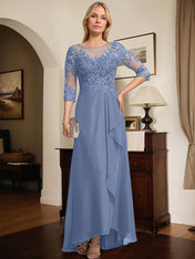 A-line Scoop Illusion Asymmetrical Lace Chiffon Mother of the Bride Dress With Sequins Cascading Ruffles