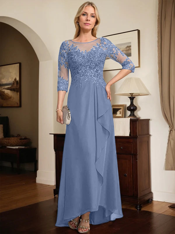 A-line Scoop Illusion Asymmetrical Lace Chiffon Mother of the Bride Dress With Sequins Cascading Ruffles