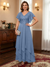A-line V-Neck Ankle-Length Lace Chiffon Mother of the Bride Dress With Cascading Ruffles
