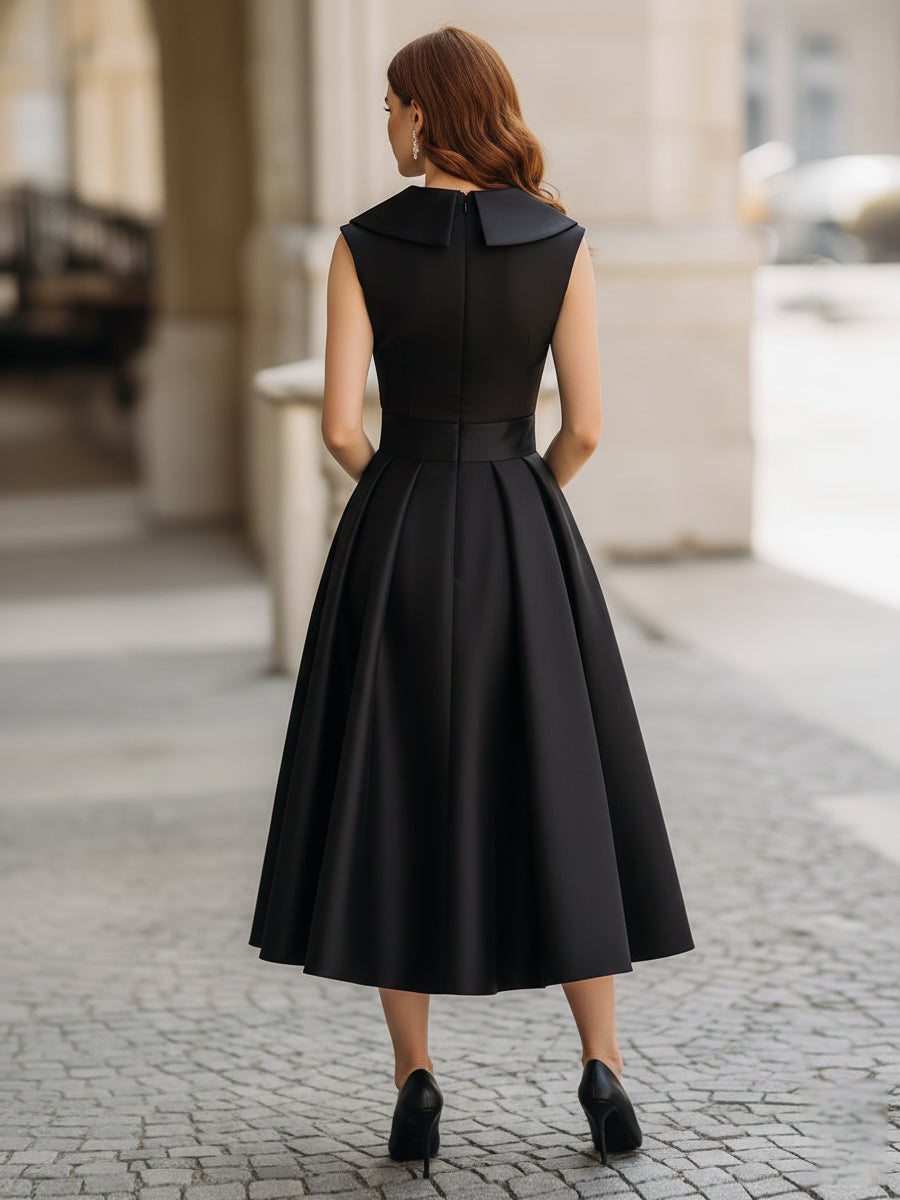 Sleeveless V-Neck A-Line Midi Dress with Pleated Skirt and Pockets