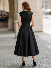 Sleeveless V-Neck A-Line Midi Dress with Pleated Skirt and Pockets
