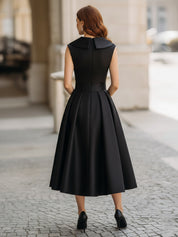 Sleeveless V-Neck A-Line Midi Dress with Pleated Skirt and Pockets