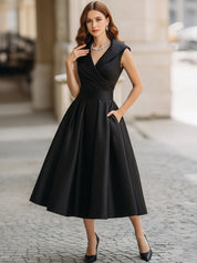 Sleeveless V-Neck A-Line Midi Dress with Pleated Skirt and Pockets