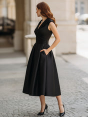 Sleeveless V-Neck A-Line Midi Dress with Pleated Skirt and Pockets