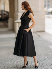 Sleeveless V-Neck A-Line Midi Dress with Pleated Skirt and Pockets