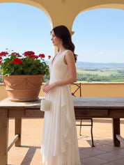 Sleeveless V-Neck Chiffon Maxi Dress with Cascading Ruffles