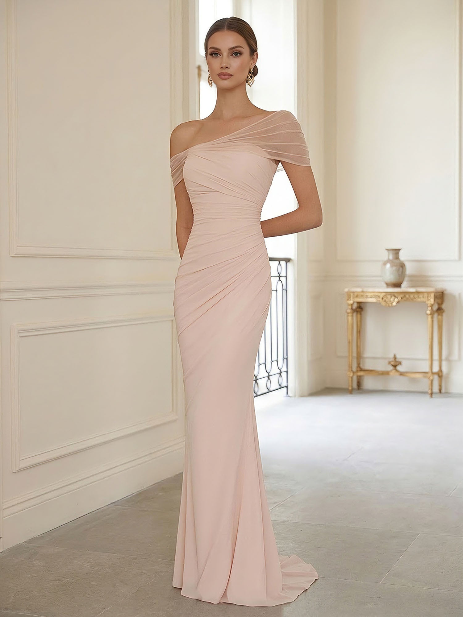 Sophisticated Blush Pink Asymmetrical Ruched Maxi Dress Evening Gown