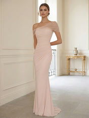 Sophisticated Blush Pink Asymmetrical Ruched Maxi Dress Evening Gown