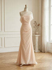 Sophisticated Blush Pink Asymmetrical Ruched Maxi Dress Evening Gown